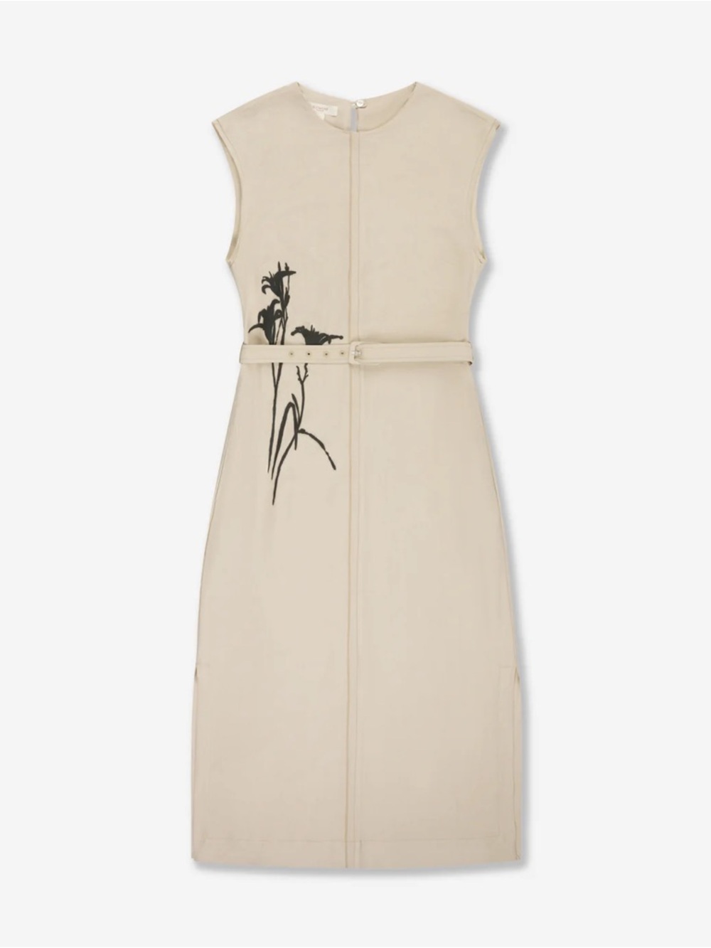 Sleeveless Beige Midi Dress with Black Floral Detail